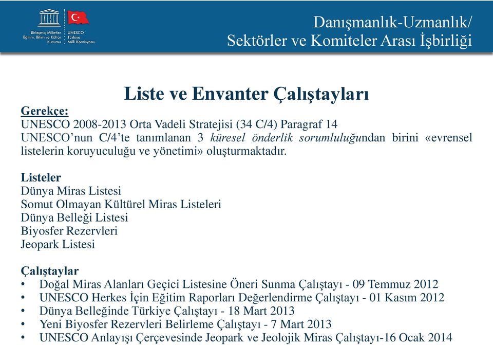 Listeler Dünya Miras Listesi Somut Olmayan Kültürel Miras Listeleri Dünya Belleği Listesi Biyosfer Rezervleri Jeopark Listesi Çalıştaylar Doğal Miras Alanları Geçici Listesine Öneri Sunma