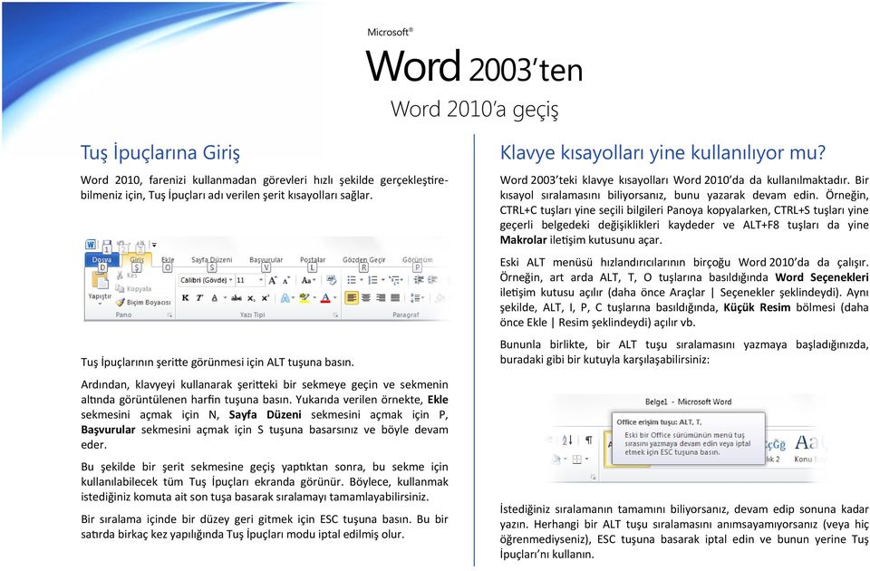 Örneğin, CTRL+C tuşları yine seçili bilgileri Panoya kopyalarken, CTRL+S tuşları yine geçerli belgedeki değişiklikleri kaydeder ve ALT+F8 tuşları da yine Makrolar iletişim kutusunu açar.