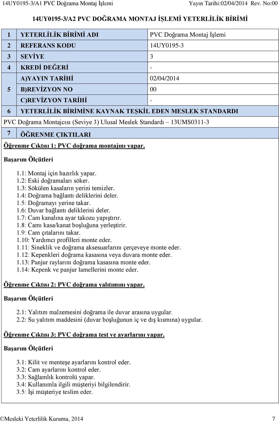 13UMS0311-3 7 ÖĞRENME ÇIKTILARI Öğrenme Çıktısı 1: PVC doğrama montajını yapar. Başarım Ölçütleri 1.1: Montaj için hazırlık yapar. 1.2: Eski doğramaları söker. 1.3: Sökülen kasaların yerini temizler.