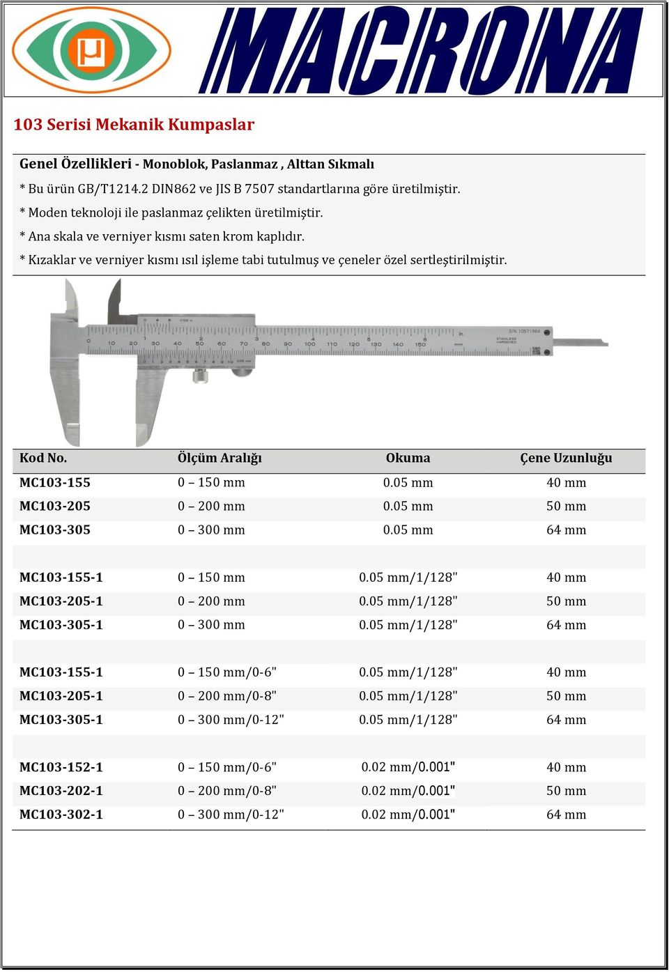 Ölçüm Aralığı Okuma Çene Uzunluğu MC103-155 0 150 mm 0.05 mm 40 mm MC103-205 0 200 mm 0.05 mm 50 mm MC103-305 0 300 mm 0.05 mm 64 mm MC103-155-1 0 150 mm 0.05 mm/1/128" 40 mm MC103-205-1 0 200 mm 0.