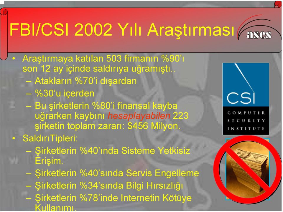 223 şirketin toplam zararı: $456 Milyon. SaldırıTipleri: Şirketlerin %40 ında Sisteme Yetkisiz Erişim.