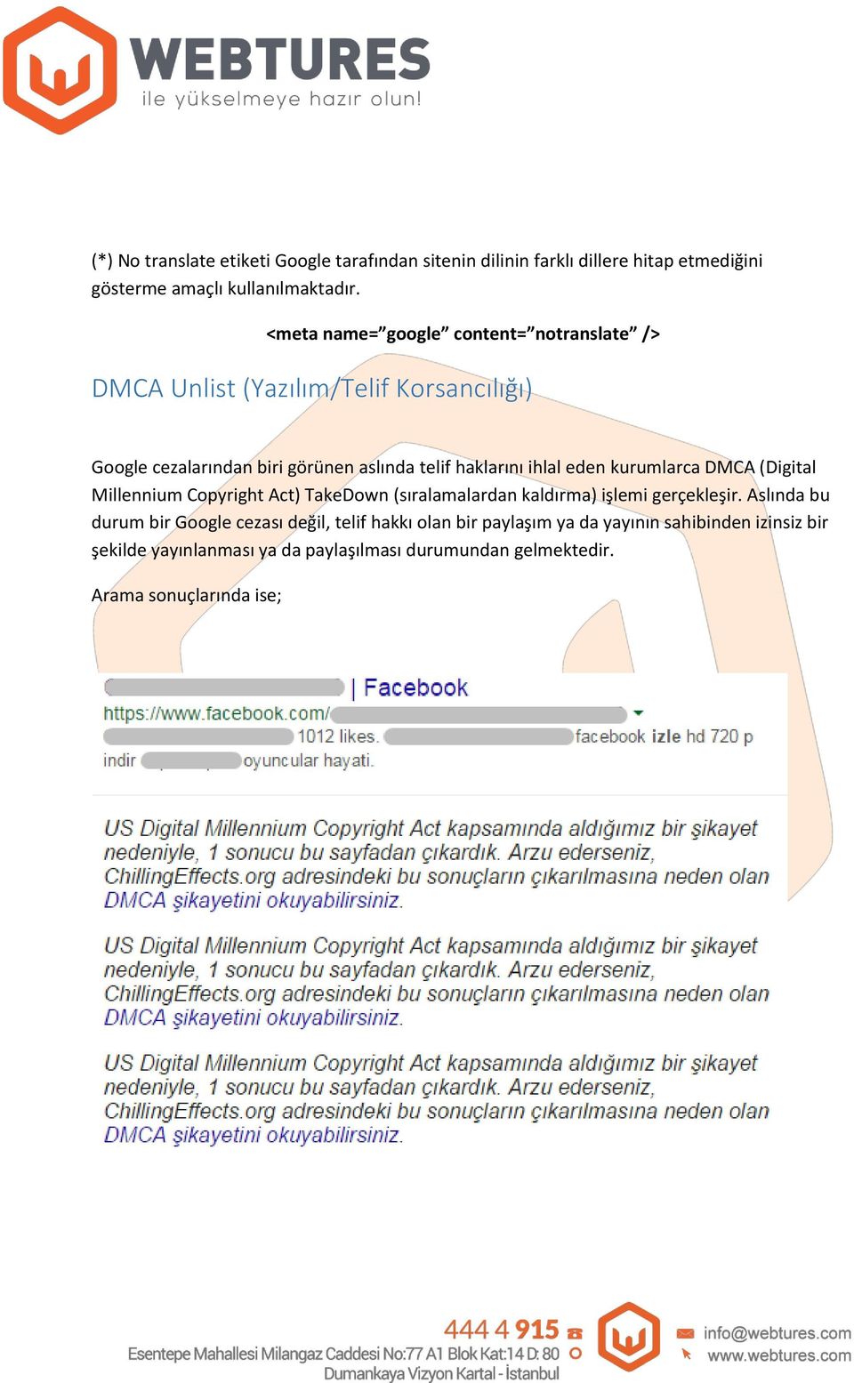 ihlal eden kurumlarca DMCA (Digital Millennium Copyright Act) TakeDown (sıralamalardan kaldırma) işlemi gerçekleşir.