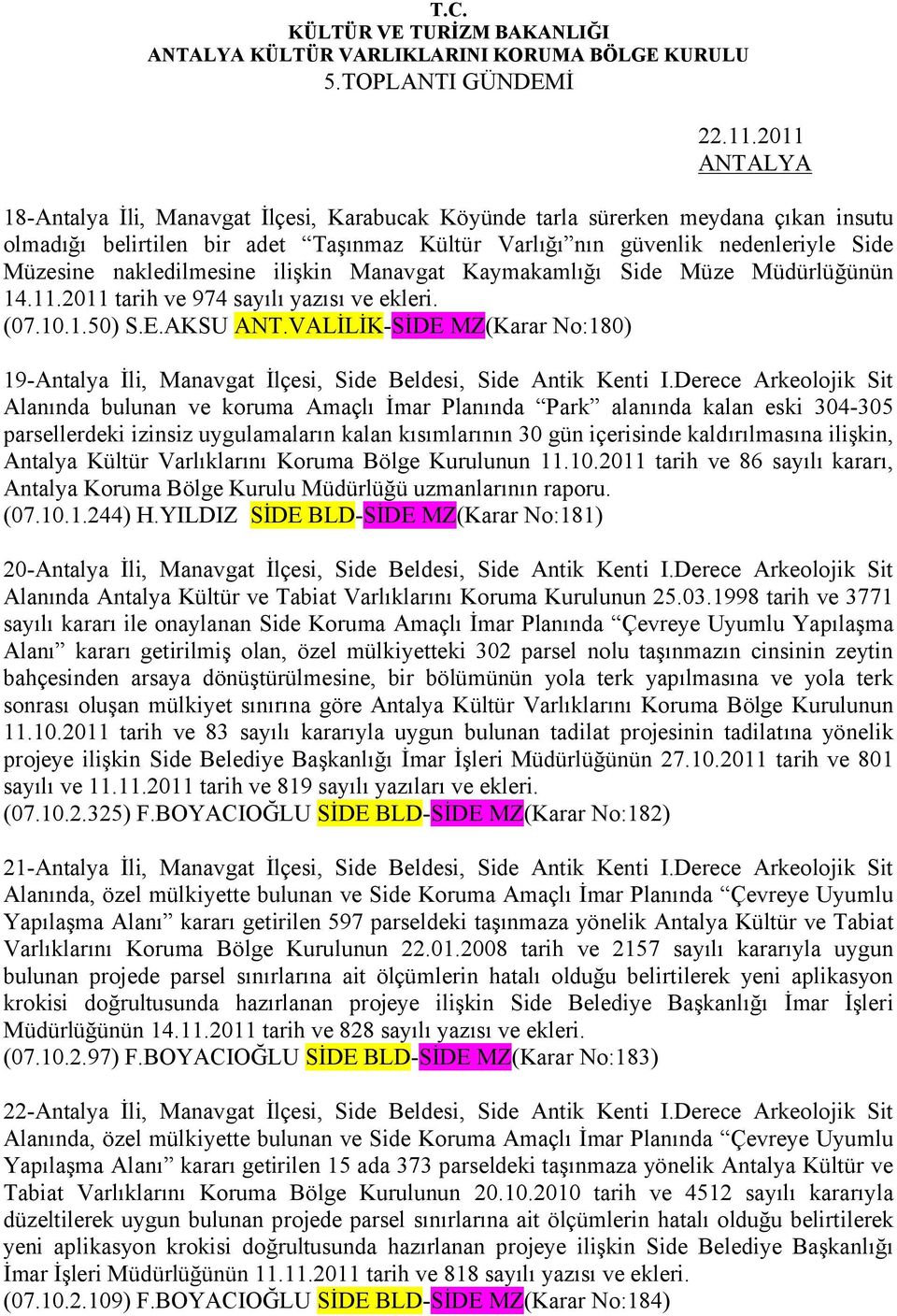 ilişkin Manavgat Kaymakamlığı Side Müze Müdürlüğünün 14.11.2011 tarih ve 974 sayılı yazısı ve ekleri. (07.10.1.50) S.E.AKSU ANT.