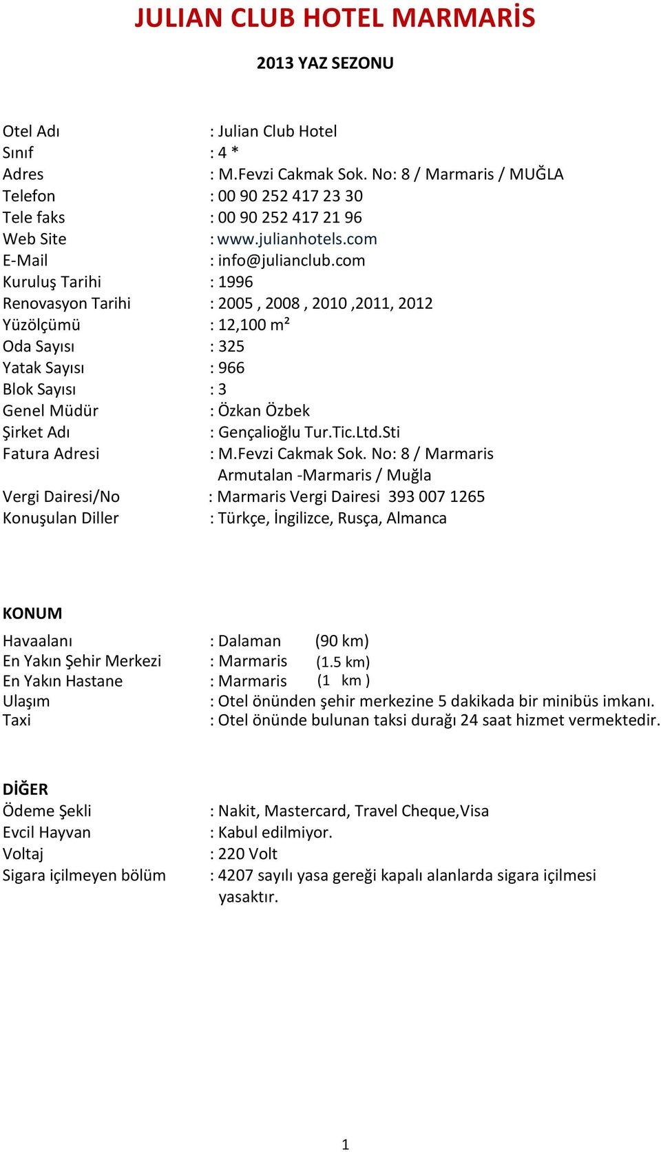 com Kuruluş Tarihi : 1996 Renovasyon Tarihi : 2005, 2008, 2010,2011, 2012 Yüzölçümü : 12,100 m² Sayısı : 325 Yatak Sayısı : 966 Blok Sayısı : 3 Genel Müdür : Özkan Özbek Şirket Adı : Gençalioğlu Tur.