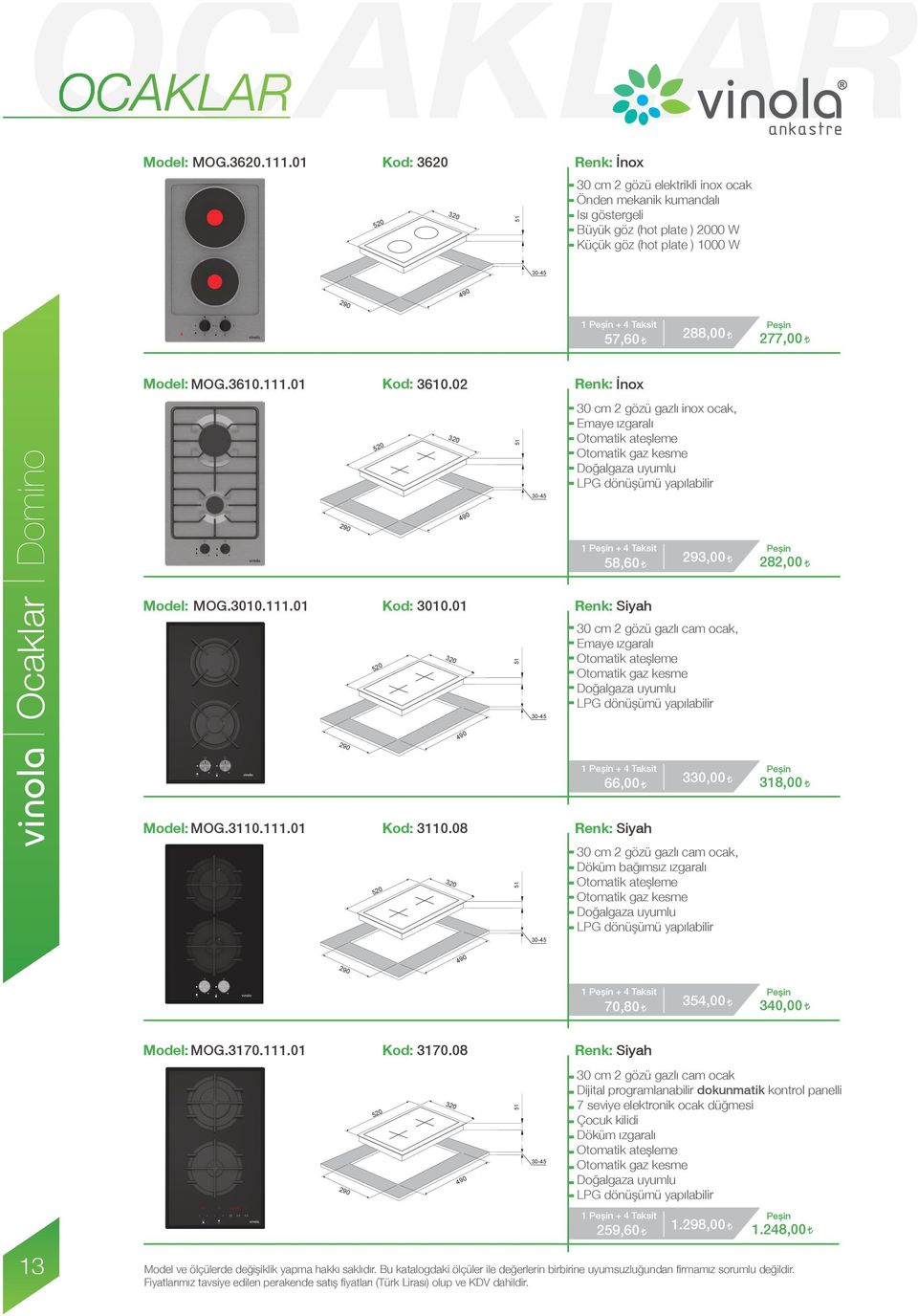 Ocaklar Domino Model: MOG.3610.111.01 Kod: 3610.02 Renk: İnox 290 Model: MOG.3010.111.01 Kod: 3010.