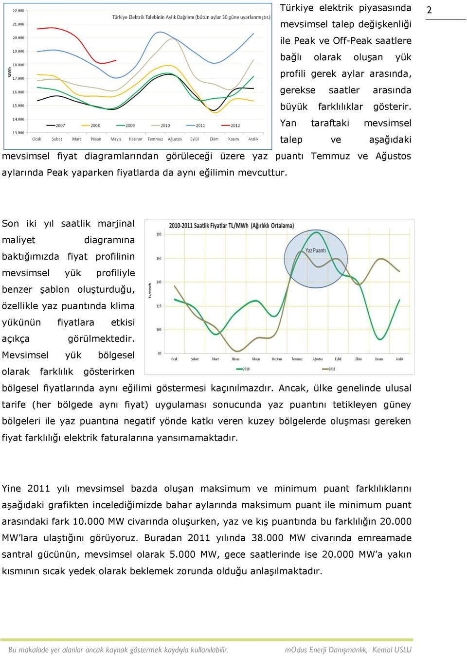 2 Son iki yıl saatlik marjinal maliyet diagramına baktığımızda fiyat profilinin mevsimsel yük profiliyle benzer şablon oluşturduğu, özellikle yaz puantında klima yükünün fiyatlara etkisi açıkça