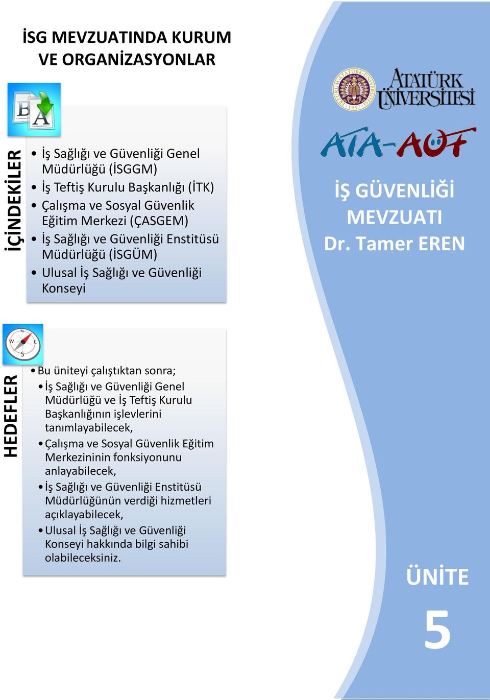 Tamer EREN Bu üniteyi çalıştıktan sonra; İş Sağlığı ve Güvenliği Genel Müdürlüğü ve İş Teftiş Kurulu Başkanlığının işlevlerini tanımlayabilecek, Çalışma ve Sosyal Güvenlik