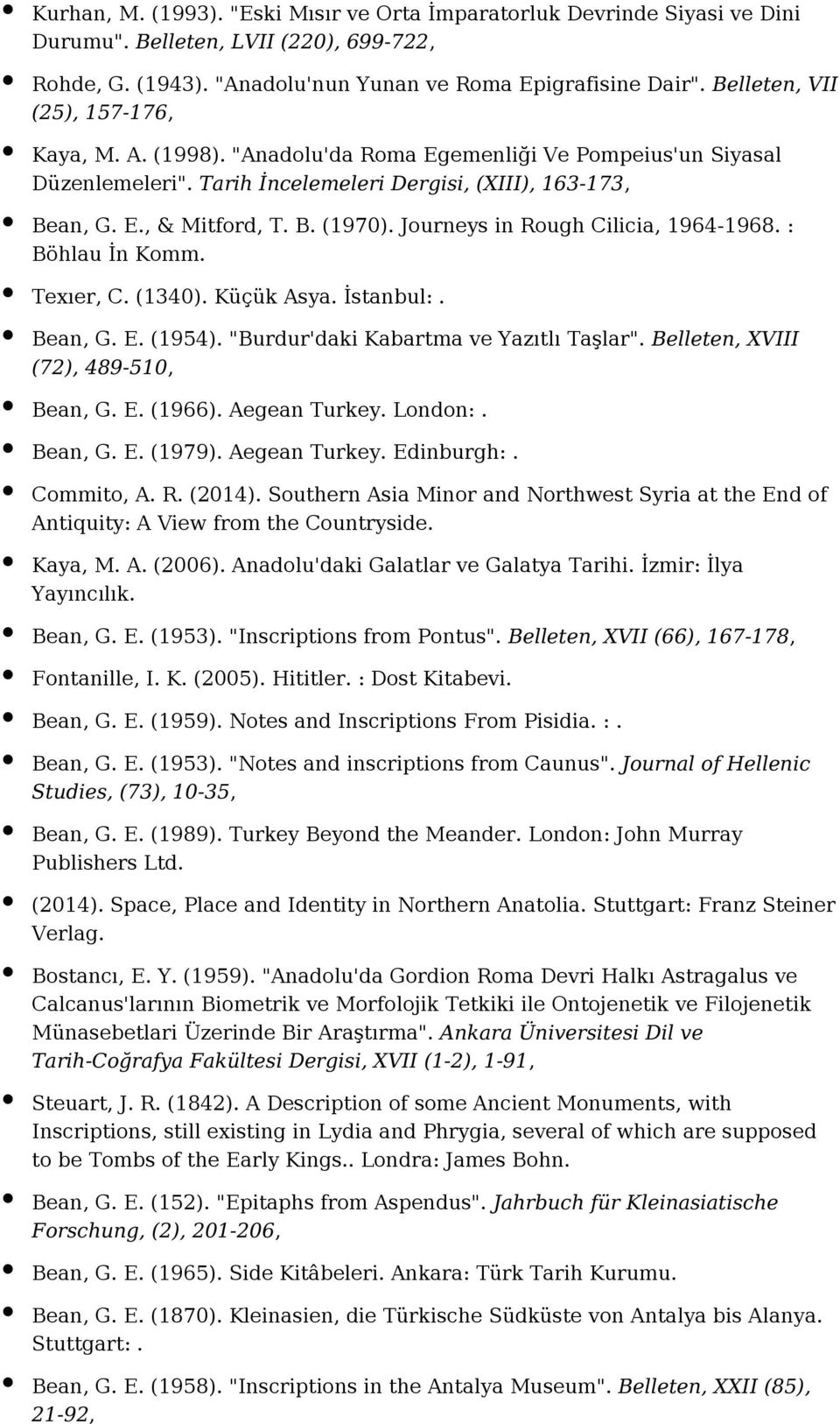 Journeys in Rough Cilicia, 1964-1968. : Böhlau İn Komm. Texıer, C. (1340). Küçük Asya. İstanbul:. Bean, G. E. (1954). "Burdur'daki Kabartma ve Yazıtlı Taşlar". Belleten, XVIII (72), 489-510, Bean, G.
