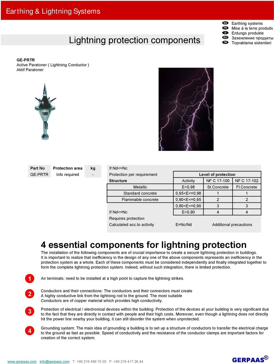 Concrete 0,95<E<=0,98 1 1 0,90<E<=0,95 0,80<E<=0,90 E<0,90 4 4 E=Nc/Nd dditional precautions 4 essential components for lightning protection The installation of the following components are of