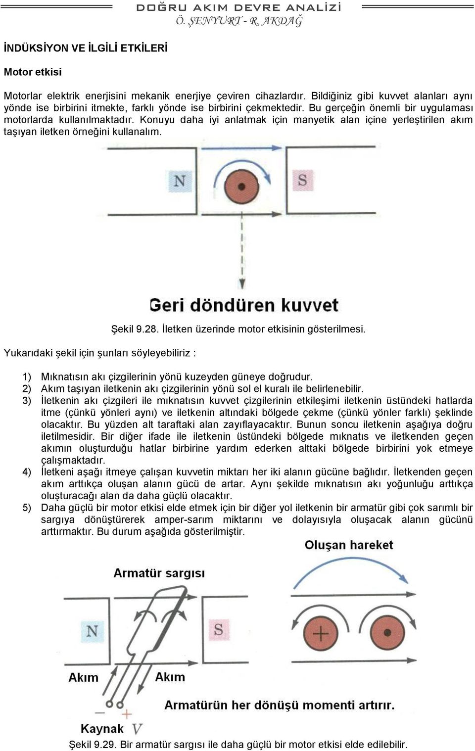 Konuyu daha iyi anlatmak için manyetik alan içine yerleştirilen akım taşıyan iletken örneğini kullanalım. Yukarıdaki şekil için şunları söyleyebiliriz : Şekil 9.28.