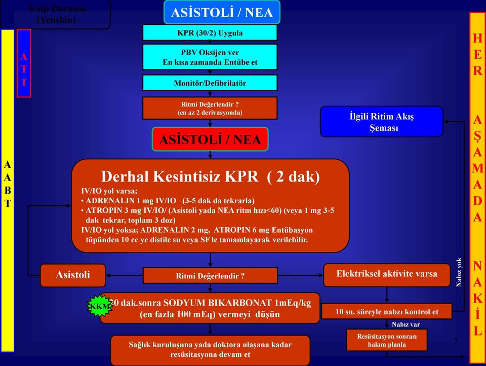 dak tekrar, toplam 3 doz) IV/IO yol yoksa; ADRENALIN 2 mg, ATROPIN 6 mg Entübasyon tüpünden 10 cc ye distile su veya SF le tamamlayarak verilebilir.