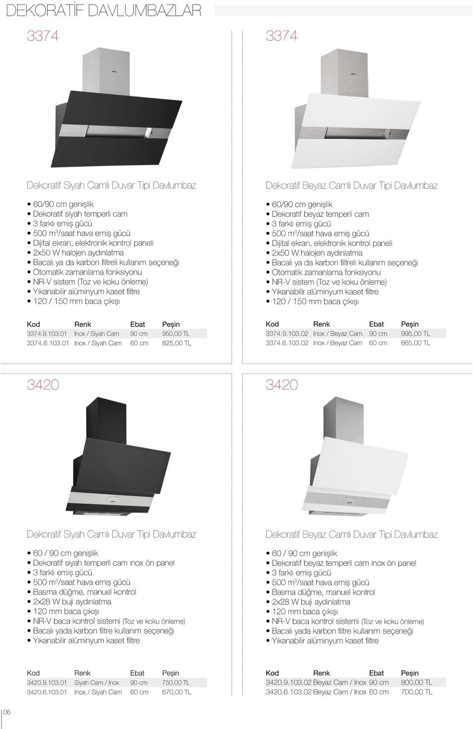 mm baca çıkışı Dekoratif Beyaz Camlı Duvar Tipi Davlumbaz 60/90 cm genişlik Dekoratif beyaz temperli cam 3 farklı emiş gücü 500 m 3 /saat hava emiş gücü Dijital ekran, elektronik  mm baca çıkışı Kod