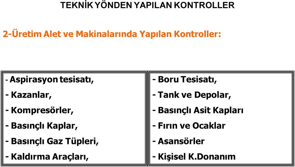 Kaplar, - Basınçlı Gaz Tüpleri, - Kaldırma Araçları, - Boru Tesisatı, - Tank