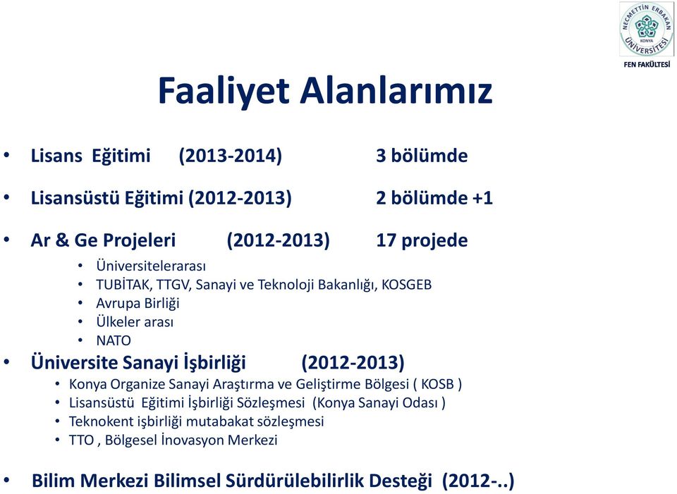 İşbirliği (2012-2013) Konya Organize Sanayi Araştırma ve Geliştirme Bölgesi ( KOSB ) Lisansüstü Eğitimi İşbirliği Sözleşmesi (Konya