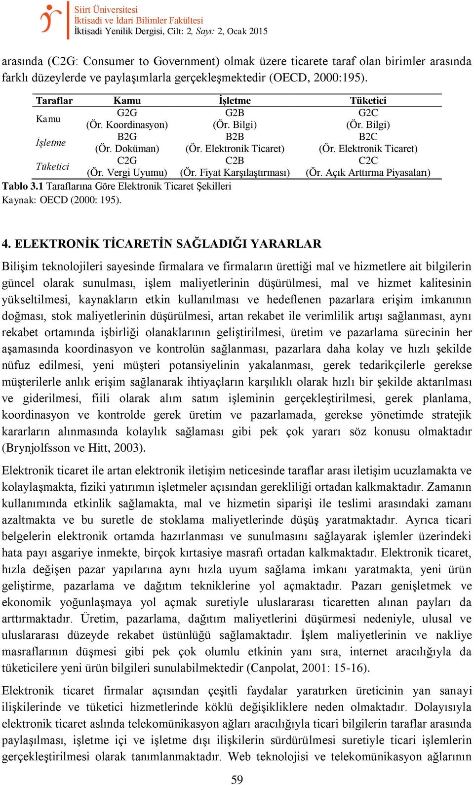 Elektronik Ticaret) (Ör. Elektronik Ticaret) Tüketici C2G C2B C2C (Ör. Vergi Uyumu) (Ör. Fiyat Karşılaştırması) (Ör. Açık Arttırma Piyasaları) Tablo 3.