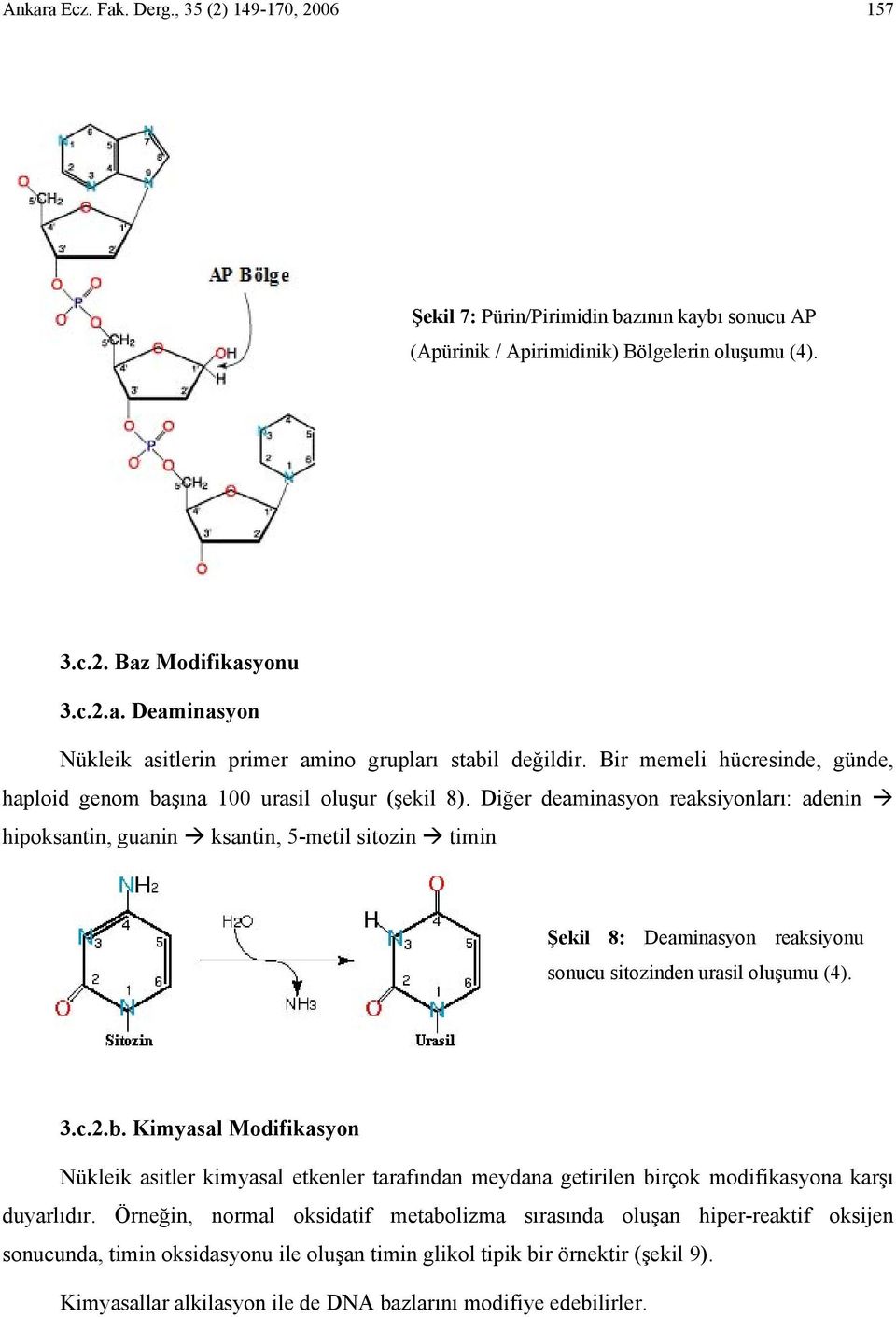 Diğer deaminasyon reaksiyonları: adenin hipoksantin, guanin ksantin, 5-metil sitozin timin Şekil 8: Deaminasyon reaksiyonu sonucu sitozinden urasil oluşumu (4). 3.c.2.b.