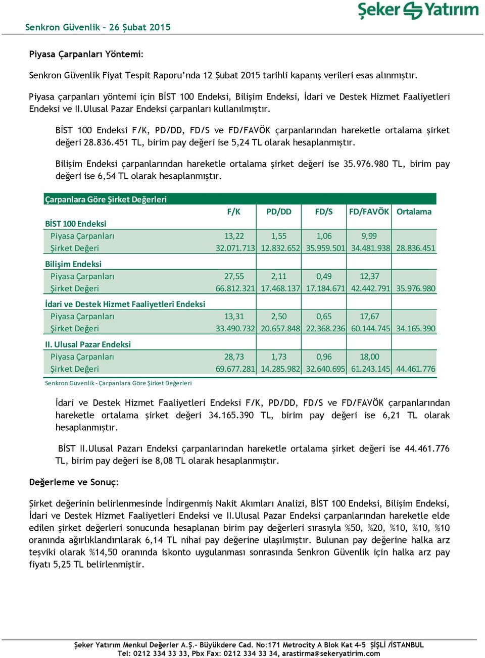 BİST 100 Endeksi F/K, PD/DD, FD/S ve FD/FAVÖK çarpanlarından hareketle ortalama şirket değeri 28.836.451 TL, birim pay değeri ise 5,24 TL olarak hesaplanmıştır.