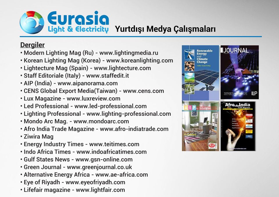 led-professional.com Lighting Professional - www.lighting-professional.com Mondo Arc Mag. - www.mondoarc.com Afro India Trade Magazine - www.afro-indiatrade.com Ziwira Mag Energy Industry Times - www.