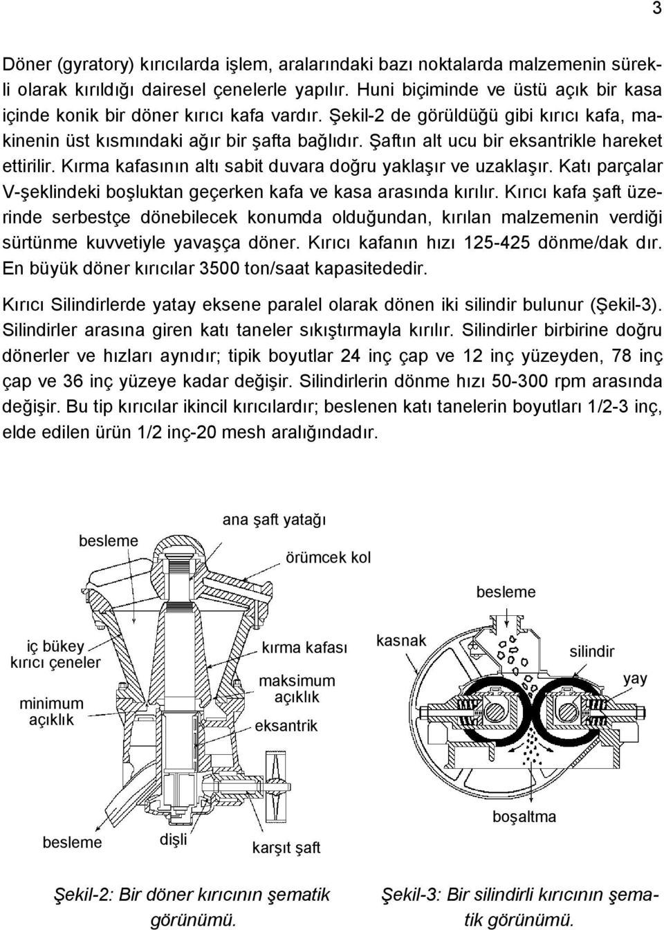 Şaftın alt ucu bir eksantrikle hareket ettirilir. Kırma kafasının altı sabit duvara doğru yaklaşır ve uzaklaşır. Katı parçalar V-şeklindeki boşluktan geçerken kafa ve kasa arasında kırılır.