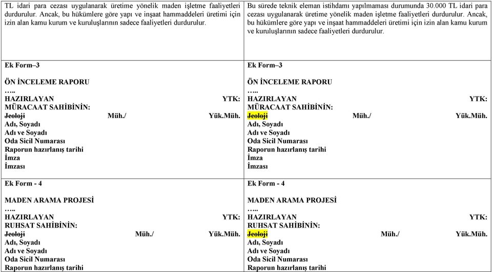 Bu sürede teknik eleman istihdamı yapılmaması durumunda 30.000   Ek Form 3 ÖN ĐNCELEME RAPORU.. HAZIRLAYAN YTK: MÜRACAAT SAHĐBĐNĐN: Ek Form - 4 MADEN ARAMA PROJESĐ.