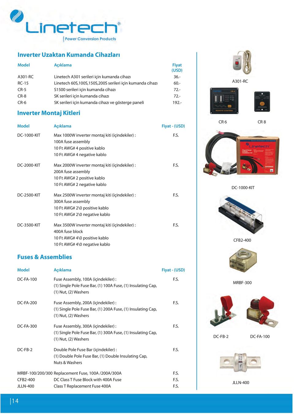 - A301-RC Inverter Montaj Kitleri Model Açıklama Fiyat - (USD) CR 6 CR 8 DC-1000-KIT Max 1000W inverter montaj kiti (içindekiler) : F.S. 100A fuse assembly 10 Ft AWG# 4 positive kablo 10 Ft AWG# 4 negative kablo DC-2000-KIT Max 2000W inverter montaj kiti (içindekiler) : F.