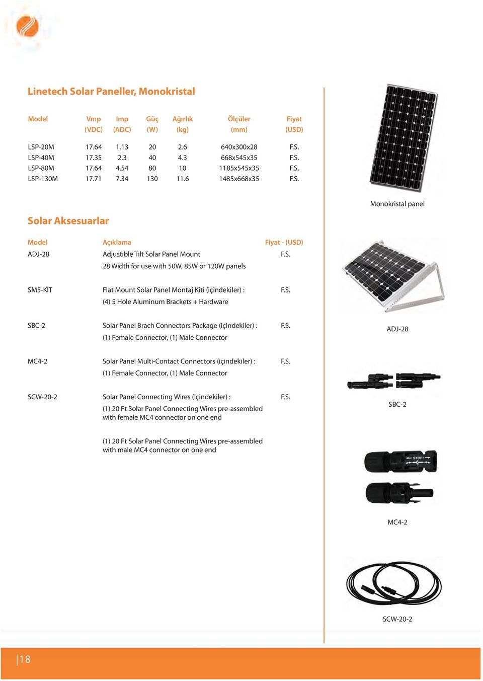 S. 28 Width for use with 50W, 85W or 120W panels SM5-KIT Flat Mount Solar Panel Montaj Kiti (içindekiler) : F.S. (4) 5 Hole Aluminum Brackets + Hardware SBC-2 Solar Panel Brach Connectors Package (içindekiler) : F.