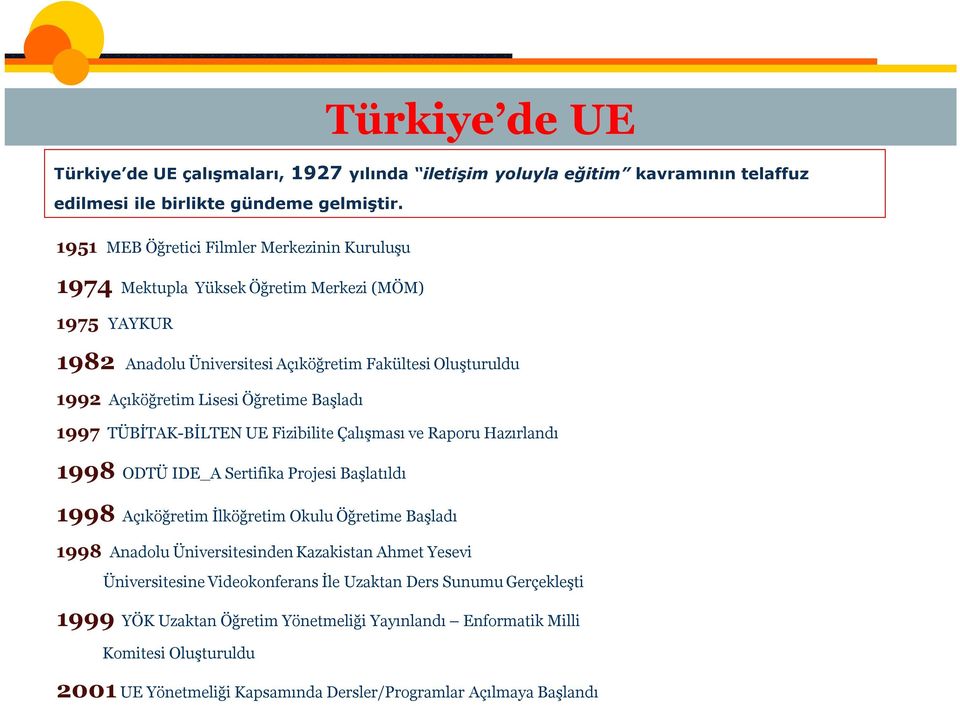 Başladı 1997 TÜBİTAK-BİLTEN UE Fizibilite Çalışması ve Raporu Hazırlandı 1998 ODTÜ IDE_A Sertifika Projesi Başlatıldı 1998 Açıköğretim İlköğretim Okulu Öğretime Başladı 1998 Anadolu