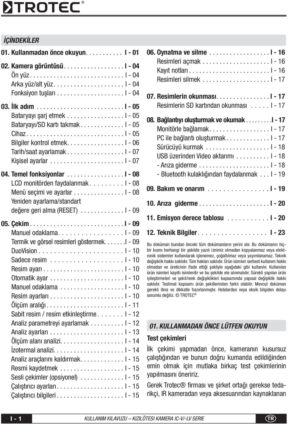 ................ I - 06 Tarih/saat ayarlamak................. I - 07 Kişisel ayarlar...................... I - 07 04. Temel fonksiyonlar................. I - 08 LCD monitörden faydalanmak.