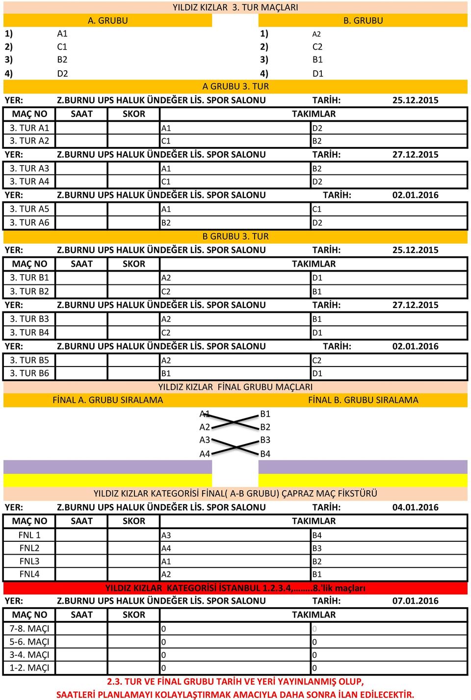 0.0. TUR B. TUR B A B C D YILDIZ KIZLAR FİNAL GRUBU MAÇLARI FİNAL A. GRUBU SIRALAMA FİNAL B. GRUBU SIRALAMA A B A B A B A B YILDIZ KIZLAR KATEGORİSİ FİNAL( A-B GRUBU) ÇAPRAZ MAÇ FİKSTÜRÜ 0.0.0 FNL A B FNL A B FNL A B FNL A B YILDIZ KIZLAR KATEGORİSİ İSTANBUL.