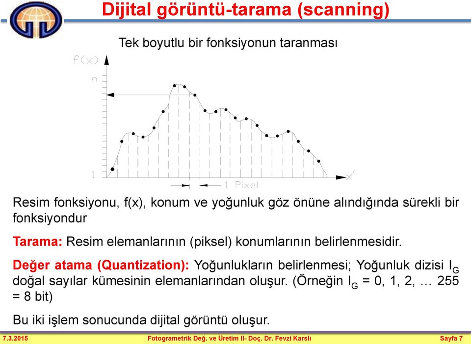 Değer atama (Quantization): Yoğunlukların belirlenmesi; Yoğunluk dizisi I G doğal sayılar kümesinin elemanlarından oluşur.