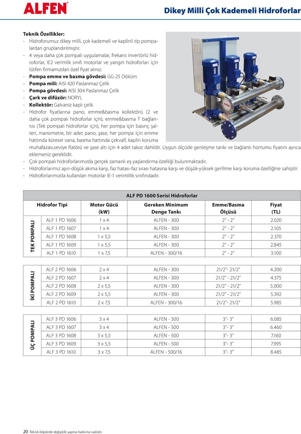 ve daha çok pompalı hidroforlar için), emme&basma T bağlantısı (Tek pompalı hidroforlar için), her pompa için basınç şalteri, manometre, bir adet pano, şase, her pompa için emme hattında küresel