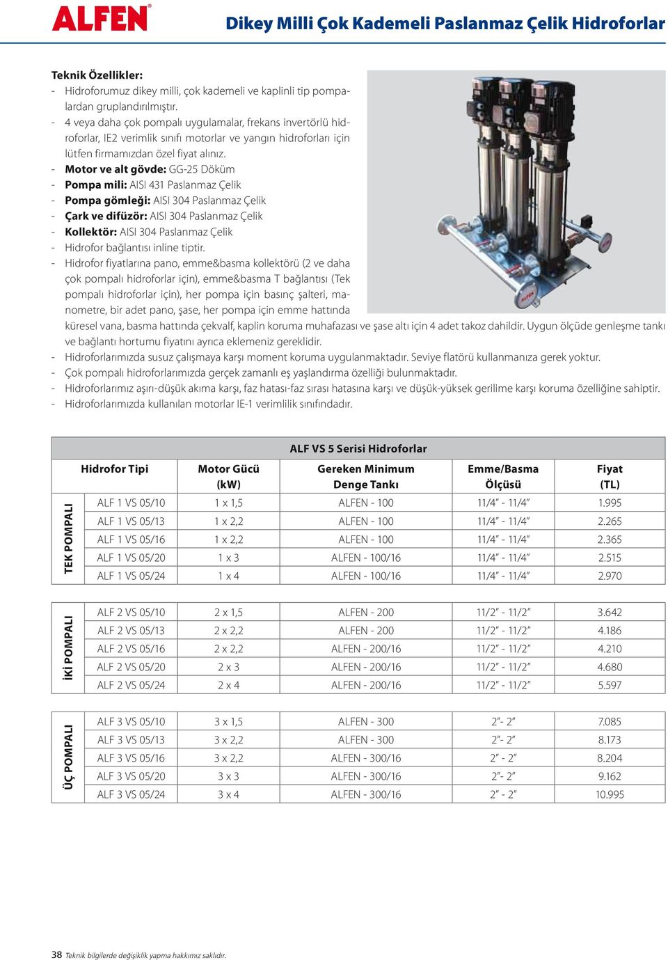 Hidrofor bağlantısı inline tiptir.