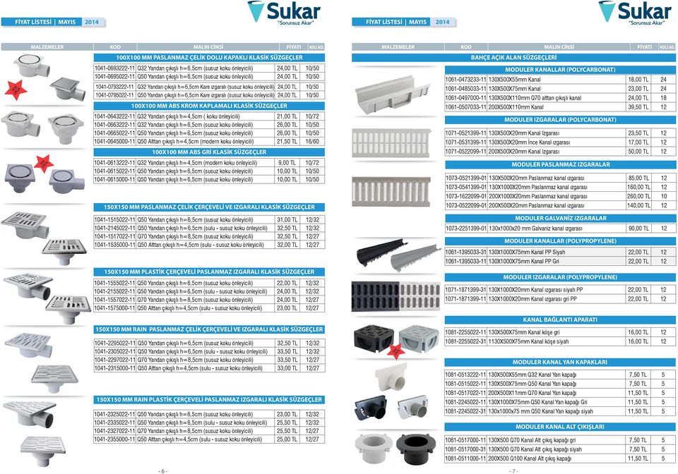 ızgaralı (susuz koku önleyicili) 24,00 TL 10/50 100X100 MM ABS KROM KAPLAMALI KLASİK SÜZGEÇLER 1041-0643222-11 Q32 Yandan çıkışlı h=4,5cm ( koku önleyicili) 21,00 TL 10/72 1041-0663222-11 Q32 Yandan