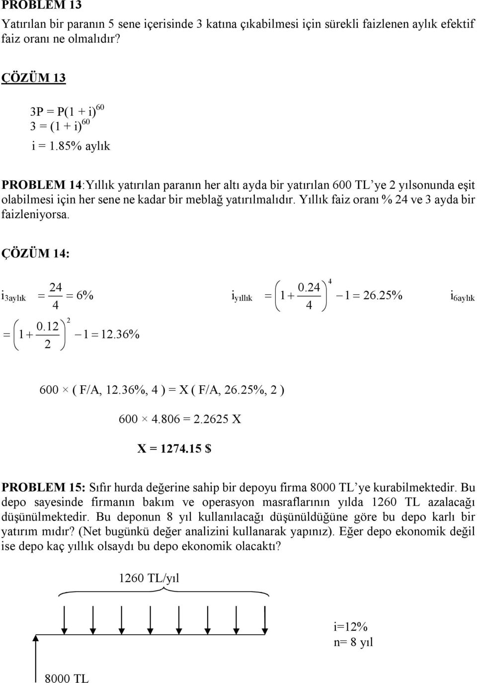 Yıllık faiz oranı % 24 ve 3 ayda bir faizleniyorsa. ÇÖZÜM 14: 4 i6aylık 24 0.24 i 3aylık 6% iyıllık 1 1 26.25% 4 4 0.12 1 2 2 1 12.36% 600 ( F/A, 12.36%, 4 ) = X ( F/A, 26.25%, 2 ) 600 4.806 = 2.