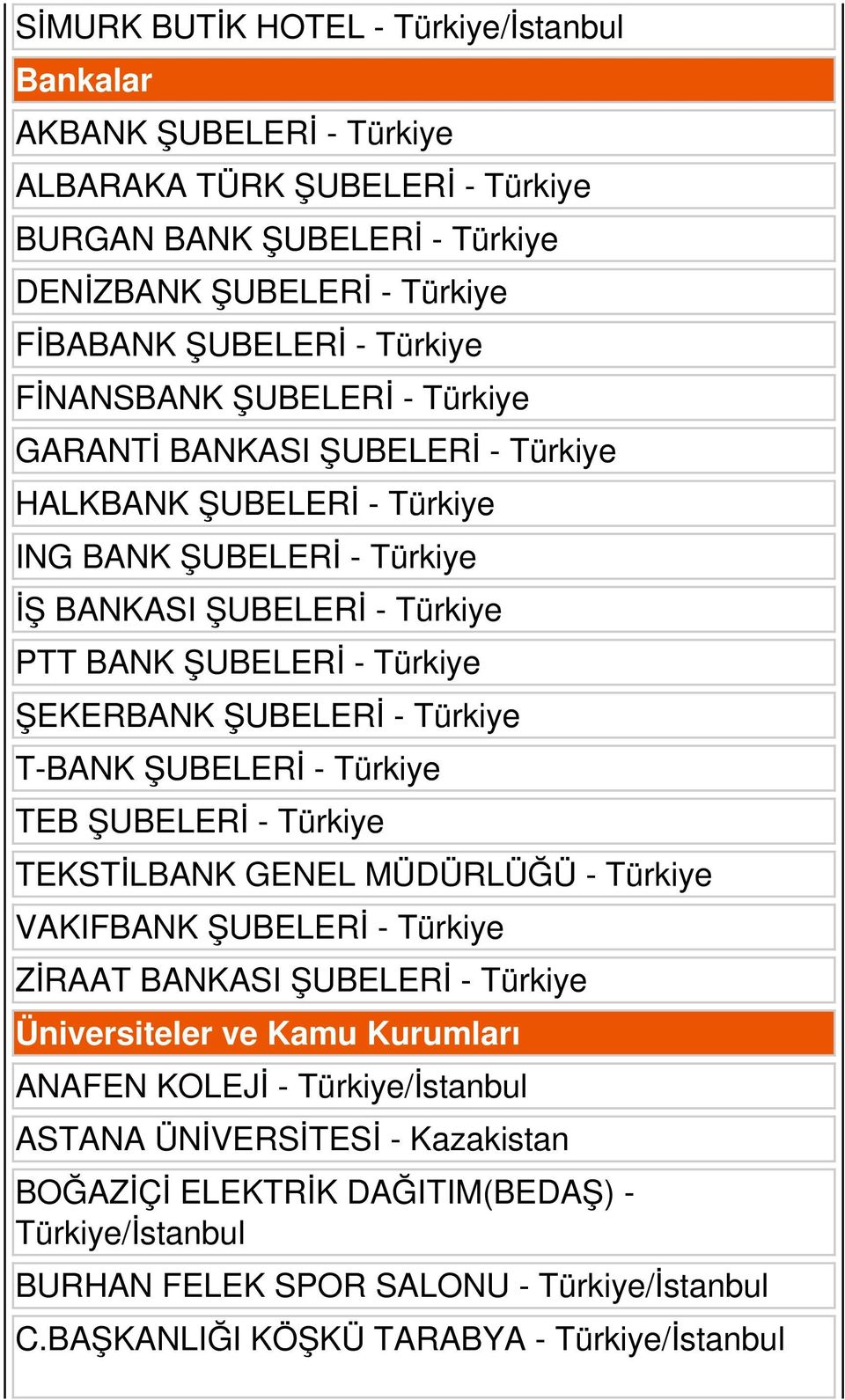 - Türkiye T-BANK ŞUBELERİ - Türkiye TEB ŞUBELERİ - Türkiye TEKSTİLBANK GENEL MÜDÜRLÜĞÜ - Türkiye VAKIFBANK ŞUBELERİ - Türkiye ZİRAAT BANKASI ŞUBELERİ - Türkiye Üniversiteler ve Kamu Kurumları