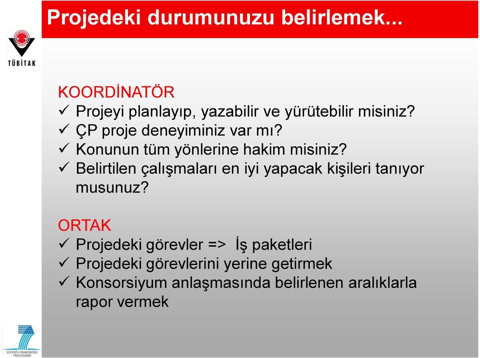 ü ÇP proje deneyiminiz var mı? ü Konunun tüm yönlerine hakim misiniz?