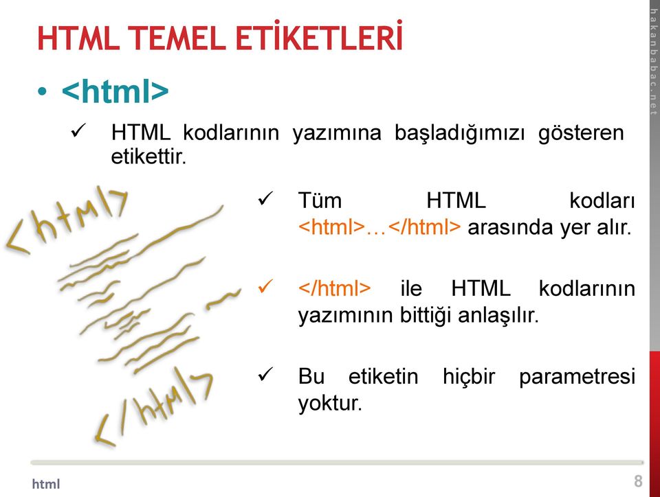 Tüm HTML kodları <> </> arasında yer alır.