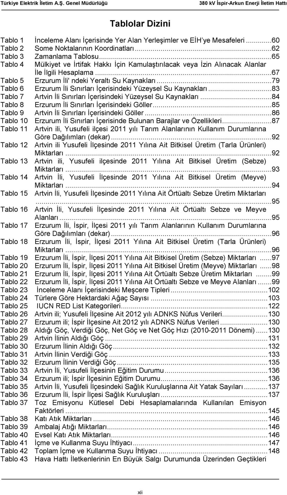 ..79 Tablo 6 Erzurum İli Sınırları İçerisindeki Yüzeysel Su Kaynakları...83 Tablo 7 Artvin İli Sınırları İçerisindeki Yüzeysel Su Kaynakları...84 Tablo 8 Erzurum İli Sınırları İçerisindeki Göller.