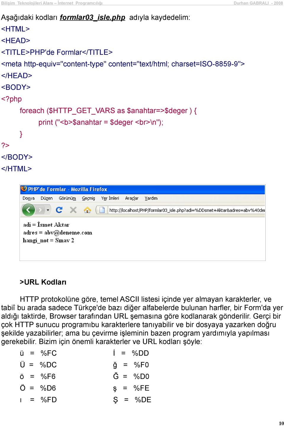 ) print ("<b>$anahtar = $deger <br>\n"); </BODY> </HTML> >URL Kodları HTTP protokolüne göre, temel ASCII listesi içinde yer almayan karakterler, ve tabiî bu arada sadece Türkçe'de bazı diğer