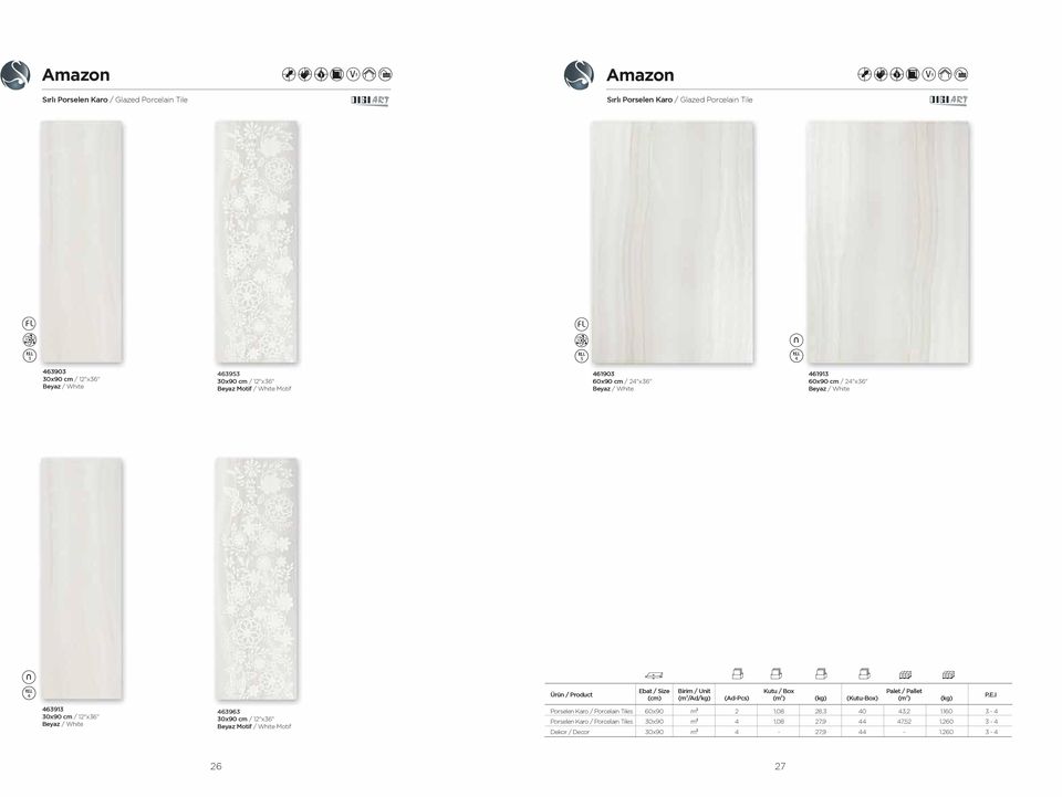 Beyaz Motif / White Motif Porselen Karo / Porcelain Tiles 60x90 ² 1,08 8, 0, 1.