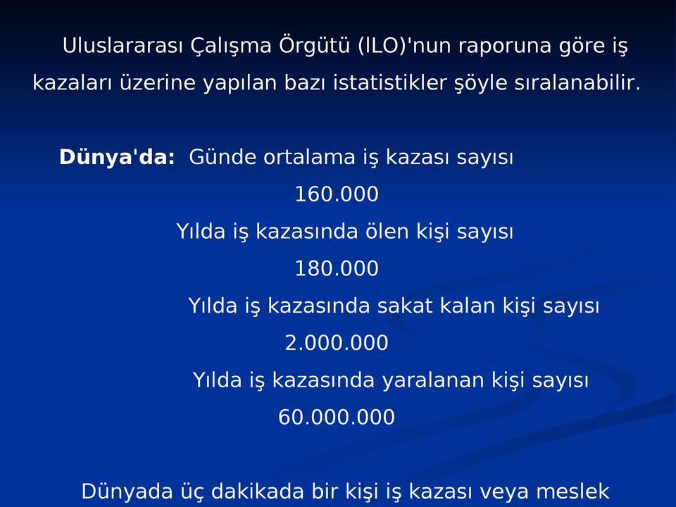 000 Yılda iş kazasında ölen kişi sayısı 180.000 Yılda iş kazasında sakat kalan kişi sayısı 2.