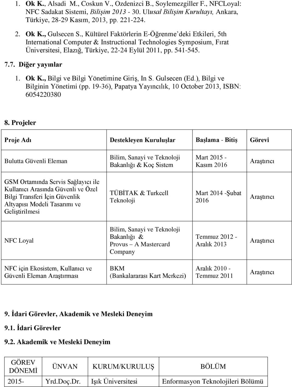 7. Diğer yayınlar 1. Ok K., Bilgi ve Bilgi Yönetimine Giriş, In S. Gulsecen (Ed.), Bilgi ve Bilginin Yönetimi (pp. 19-36), Papatya Yayıncılık, 10 October 2013, ISBN: 6054220380 8.
