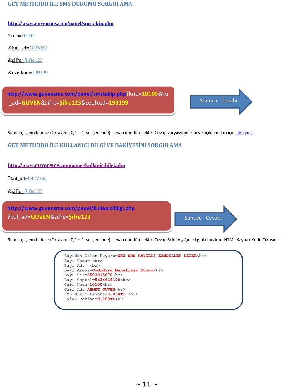 kul_ad=guvn &=Şifre123 http://www.guvensms.com/panel/kullanicibilgi.php?kul_ad=guvn&=şifre123 Sunucu; İşlem bitince (Ortalama 0,1 1 sn içersinde) cevap döndürecektir.