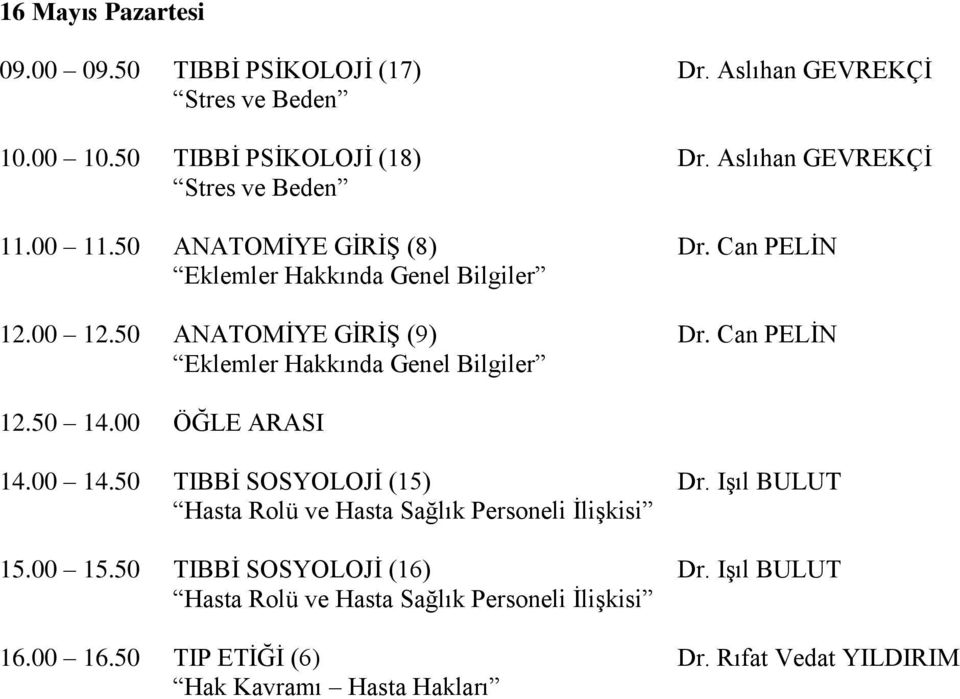 Can PELİN Dr. Can PELİN 14.00 14.50 TIBBİ SOSYOLOJİ (15) Hasta Rolü ve Hasta Sağlık Personeli İlişkisi 15.00 15.