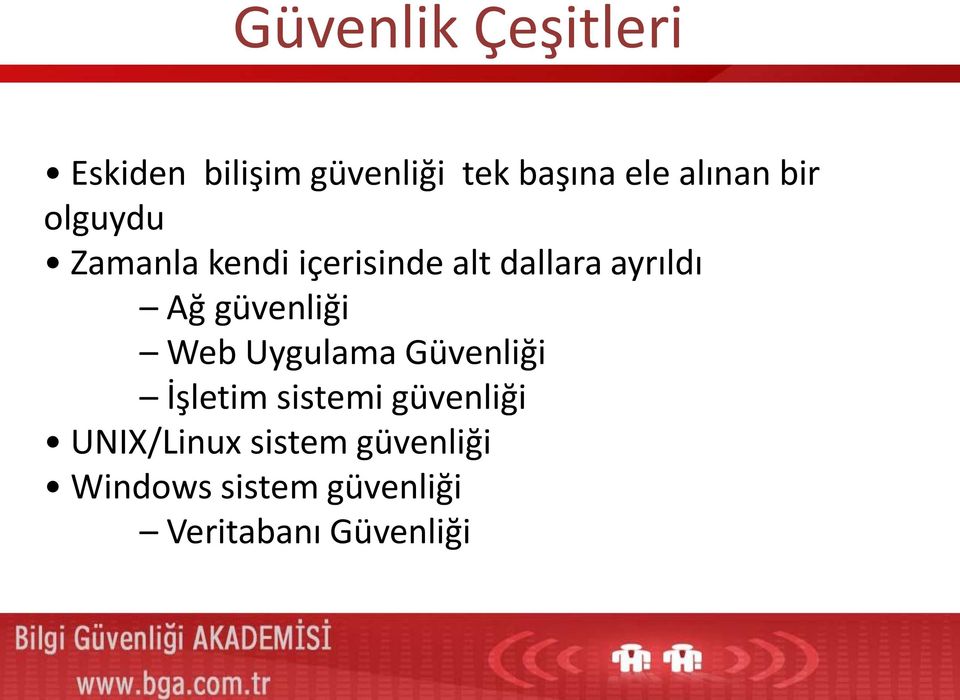 Ağ güvenliği Web Uygulama Güvenliği İşletim sistemi güvenliği