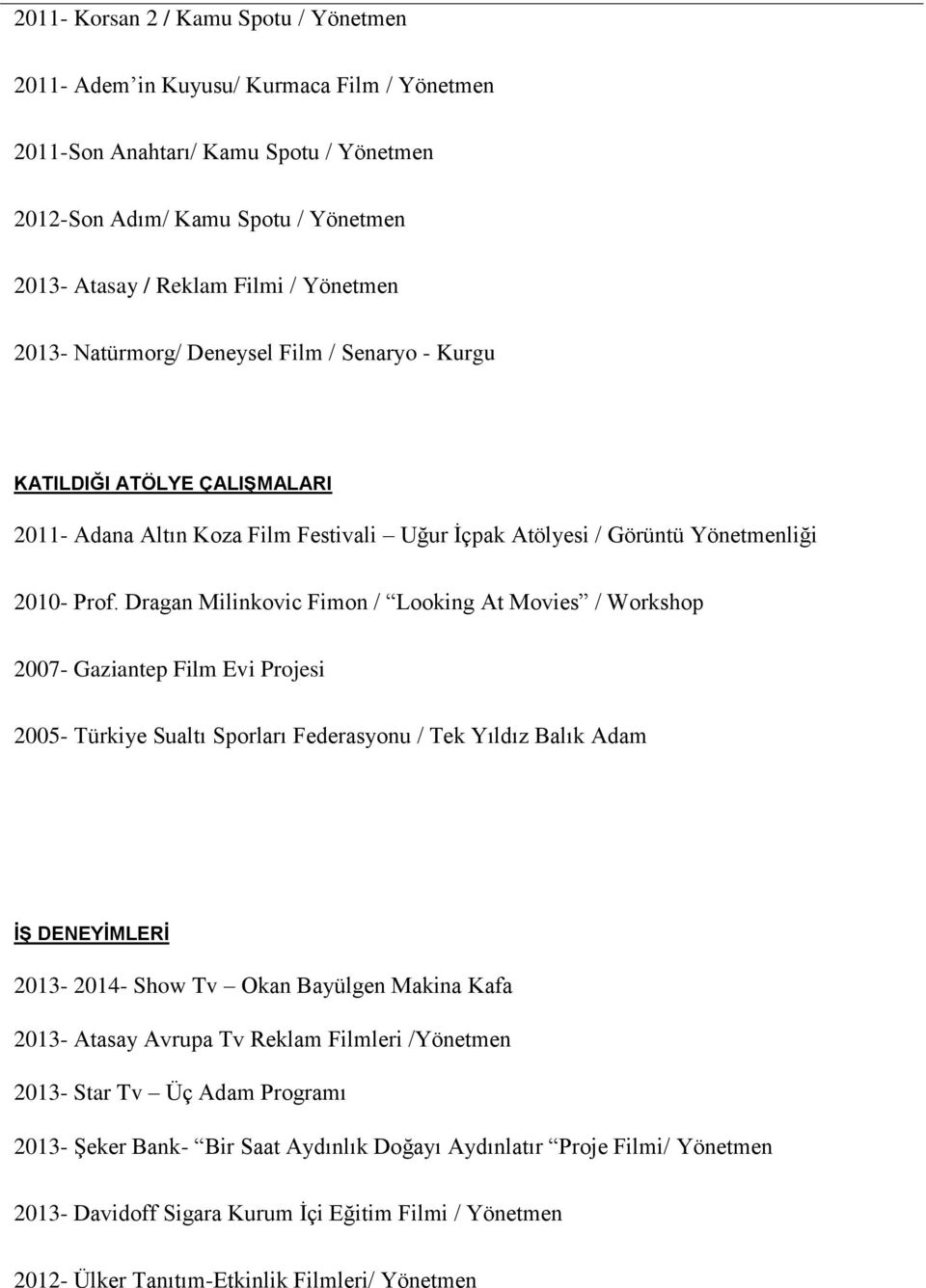 Dragan Milinkovic Fimon / Looking At Movies / Workshop 2007- Gaziantep Film Evi Projesi 2005- Türkiye Sualtı Sporları Federasyonu / Tek Yıldız Balık Adam İŞ DENEYİMLERİ 2013-2014- Show Tv Okan