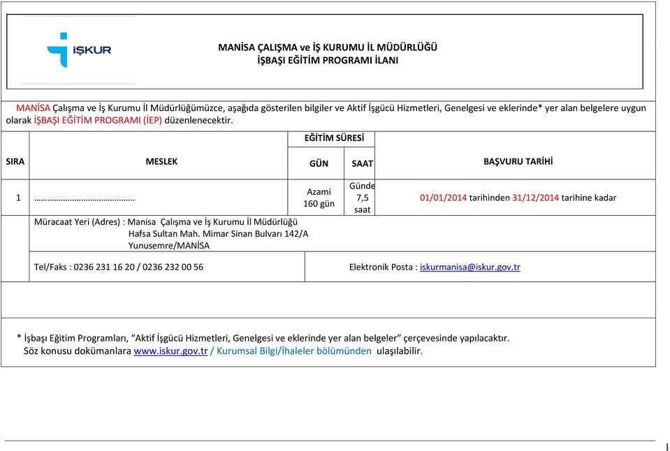 .. Müracaat Yeri (Adres) : Manisa Çalışma ve İş Kurumu İl Müdürlüğü Hafsa Sultan Mah.