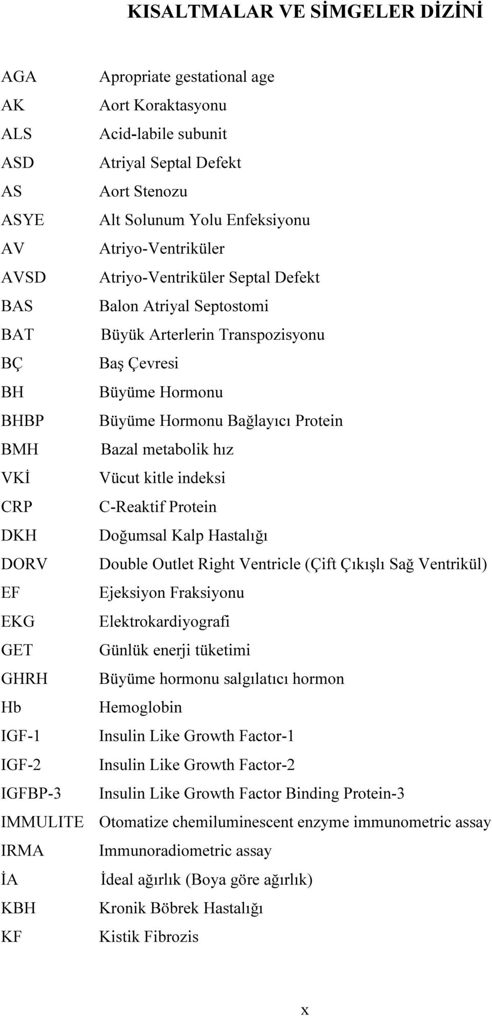 Bazal metabolik hız VKİ Vücut kitle indeksi CRP C-Reaktif Protein DKH Doğumsal Kalp Hastalığı DORV Double Outlet Right Ventricle (Çift Çıkışlı Sağ Ventrikül) EF Ejeksiyon Fraksiyonu EKG