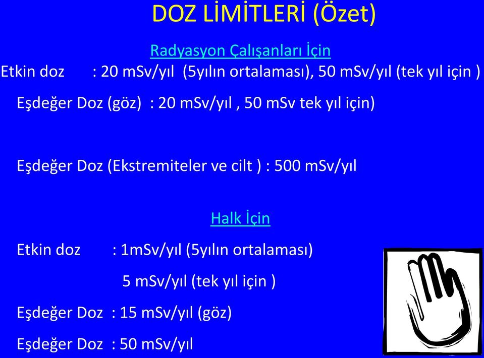 için) Eşdeğer Doz (Ekstremiteler ve cilt ) : 500 msv/yıl Halk İçin Etkin doz : 1mSv/yıl