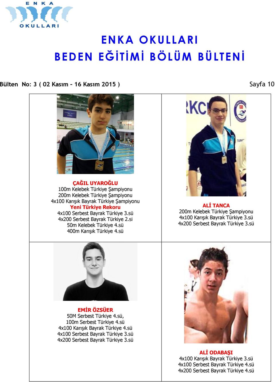 sü ALİ TANCA 200m Kelebek Türkiye Şampiyonu 4x100 Karışık Bayrak Türkiye 3.sü EMİR ÖZSÜER 50M Serbest Türkiye 4.sü, 100m Serbest Türkiye 4.